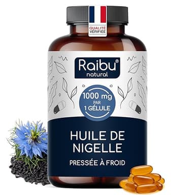 Huile de nigelle pure - 1000 mg d’huile de cumin noir par gélule (1 par jour) - Provision pour 6 mois - Nigella sativa pressée à froid - 59 % d’acide linoléique - 180 gélules