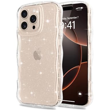 Pepmune Coque à Paillettes pour iPhone 16 Pro Max Transparente Cadre Vague Bouclée Coque Bling Sparkle Antichoc Housse de Protection Glitter Étui TPU Case Cover pour Femmes et Filles