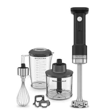Kitchenaid Mixeur plongeant sans fil - Go Cordless - Mixeur portable avec Bol mélangeur de 1L - Fouet et haichoir inclus - Lame inox - Puissant - Protecteur antirayure - Sans batterie - Noir