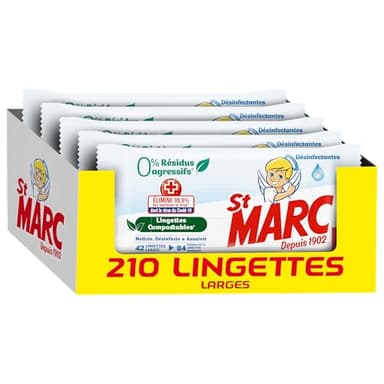 St marc Lingettes nettoyantes Désinfectantes 0% Résidus Agressifs, Compostable - 42 lingettes antibactérien larges en Lot de 5 (Total 210 lingettes)