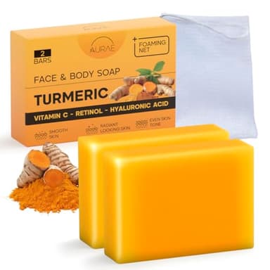 Savon Curcuma Visage contre les Taches, Éclaircissant & Hydratant, Doux Visage & Corps, Vit. C, Rétinol, Ac. Hyaluronique, Beurre de Karité, Huile Olive & Vit. E, Sans Parabènes & SLS(100g x 2 Savons)