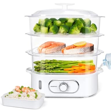 Aigostar 12L Cuiseur Vapeur Electrique, Cuiseur Vapeur Avec 3 Récipients Empilables, Support Pour Cuire les œufs, Minuterie de 60 Minutes, Récipient Pour Cuire le riz, Sans BPA, 900 W
