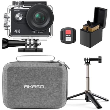 AKASO EK7000 Caméra Sport Kit de Perche à Selfie - Comprend 4K 30FPS Action Camera, Trépied Selfie Stick de 60 cm pour Camera Sport, Sac de Rangement, 2 Batteries et Plus
