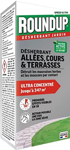 ROUNDUP Désherbant Concentré Cours, Allées & Terrasses – Format Économique 800ml – Action 2-en-1 Mauvaises Herbes & Mousses – Effets dès 1h