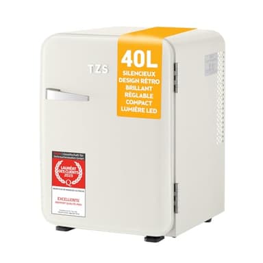 TZS First Austria - Mini Réfrigérateur Rétro 40L silencieux - Petit Minifrigo design vintage avec lumière intérieure et 2 compartiments de porte - Minibar pour camping, bureau, chambre & hôtel - Crème