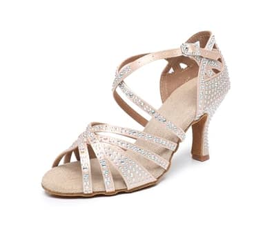 Rosefinch Chaussures de Danse Latine avec Strass Fond Souple Moderne pour la Pole Dance de Salle de Bal,la Danse de Mariage Chaussures Latines pour Filles et Femmes,Beige 7cm Talon 38 EU