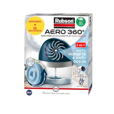 Rubson – Absorbeur d'Humidité Aero 360° pour pièces de 20 m² – Déshumidificateur d'air anti-odeurs & anti-moisissures – 1 recharge neutre de 450 g incluse