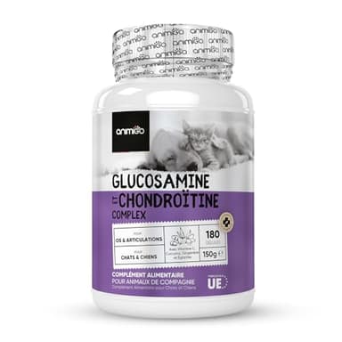 Glucosamine Chondroïtine Chien & Chat -180 Gélules avec Vitamine C, Curcuma, Gingembre, Églantier - sans Odeur, Anti Inflammatoire, Aide d'arthrose, Cartilage, Os, Souplesse, Chondroprotecteur
