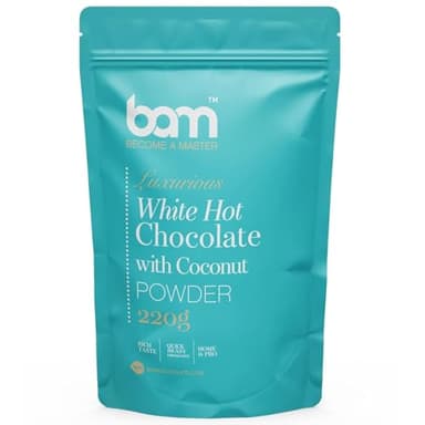 BAM Chocolat en Poudre – Préparation pour Chocolat Chaud Crémeux en Poudre, Avec Cuillère Doseuse – 220g, 7 Tasses, Blanc Coco