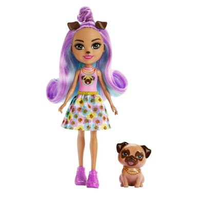 ENCHANTIMALS Bêtes Citadines Poupée Penna Carlin et Figurine Animal Trusty, Petite poupée avec Jupe Amovible et Accessoires, Jouet Enfant, Dès 3 Ans, HKN11