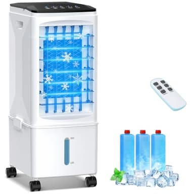 Climatiseur Mobile, 3 en 1 - Refroidisseur d'Air par Évaporation Portable, Humidificateur, Ventilateur, 3 Vitesses, 9,5 L Grand Réservoir d'Eau, Télécommande, 3 Packs de Glace, 1-7H Minuterie