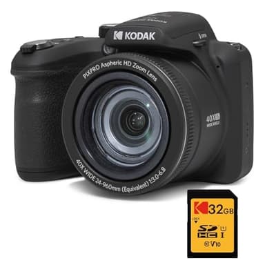 KODAK Pack Bridge Numérique Pixpro Astro Zoom AZ405 + Carte SDHC Ultra High Speed U1 32GB - Appareil Photo 20 Mégapixels, Zoom X40, Grand Angle, LCD, Vidéo Full HD 1080p, OIS, Pile AA - Noir