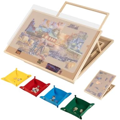 Tektalk Planche de Puzzle Convertible, Utilisation bidirectionnelle, Table de Puzzle réglable avec Couvercle, 4 Plateaux de tri colorés, Plateau en Bois à 4 Angles d'inclinaison, jusqu'à 1000 pièces