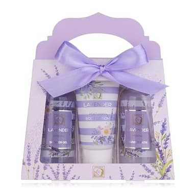 Accentra - Set de douche cadeau pour femmes LAVANDE dans caisse-cadeaux - Kit soins 3 pcs avec gel douche, lotion pour corps & bain moussant - Ensemble bien-être pour l'anniversaire & Saint-Valentin