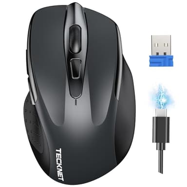 TECKNET Souris sans Fil Rechargeable, Souris Silencieuse, Jusqu'à 90% de Réduction du Bruit, 4800 DPI,6 Boutons de Souris Ergonomiques, Souris USB 2,4 G Compatible avec Ordinateur Portable, Mac, Gris
