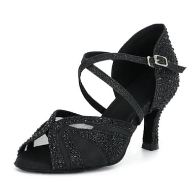 Syrads Chaussures de Danse Femmes Latine Salsa Tango Valse Bachata Moderne Chaussures Danse De Salon avec des Strass 1050,Noir 7 5cm,38 EU
