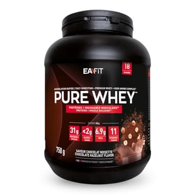 WHEY PROTEIN - Chocolat / Noisette - EAFIT - Marque Française N°1 en Nutrition Sportive - 31g de Proteine Whey - BCAA - Shaker Proteine - Pre Workout, Musculation - Protéines Whey - 750 g