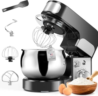 Robot pâtissier 4 L, 700 W, 6 vitesses, avec couvercle verseur, bol en acier inoxydable, crochets pétrisseurs et fouets pour vinaigrettes, glaçages, meringues et plus encore (GL1)