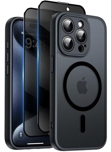 Qasyfanc Coque Magnétique pour iPhone 15 Pro Max avec 2 Verre Trempé Anti-Espion, Compatible avec MagSafe, Étui Mat Translucide Arrière Housse Antichoc Anti-Rayures pour iPhone 15 Pro Max, Noir