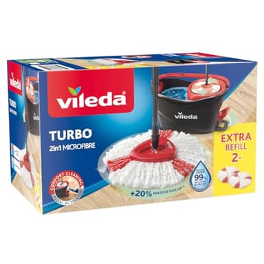 Vileda Easy Wring & Clean Turbo balai avec seau à pédale - Pack avec 1 recharge supplémentaire, Manche télescopique 85–130cm, balai à franges avec essoreur rotatif, Franges en microfibres 2en1, Gris