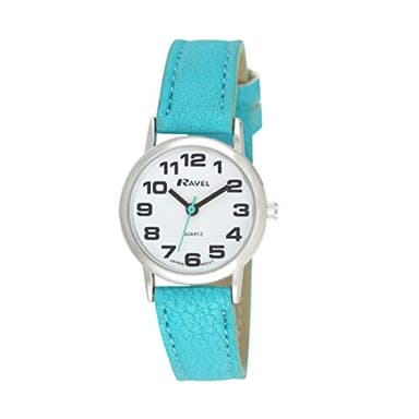 Ravel - Montre Bracelet Femme (Petite) Facile à Lire avec de Gros Chiffres - Cadran Blanc/Ton argenté/Bleu