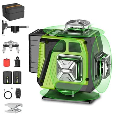 Niveau Laser Vert 4 x 360°, Laser Chantier Horizontal Vertical 4D 16 Lignes avec Fonction d'auto Nivellement, Support Magnétique, Télécommande, 2 x Batteries (vert)