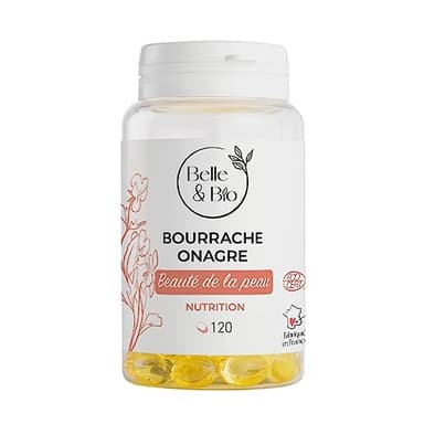 PEAU BELLE & SAINE - Riche en Oméga 6 - Bourrache Onagre Bio certifié Ecocert - 120 capsules - Cure 1 mois - Complément Alimentaire BELLE&BIO - Fabriqué en France