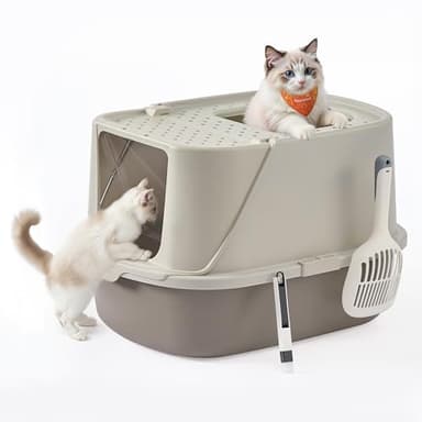 Feandrea Grand Bac à Litière pour Chat, Taille XXL, Litière pour Chat avec Couvercle Basculant, avec Pelle et Brosse, pour Chats Jusqu’à 15 kg, Avoine et Gris Chaud PPT011LH01