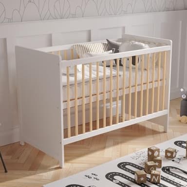 Love For Sleep Tokyo Lit Bébé Évolutif 120x60 cm en Bois de Pin Blanc – Transformable avec Barrière de Sécurité, pour Fille ou Garçon