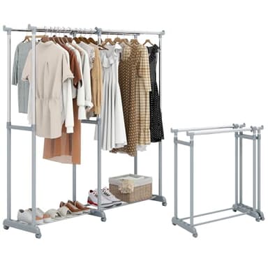 COSTWAY Portant a Vetement Double sur Roulette, Penderie Vetement Solide Extensible, Hauteur Réglable 94-169 cm, Largeur Réglable 107-168 cm, Porte Cintres sur Pied en Métal pour Vestiaire, Buanderie