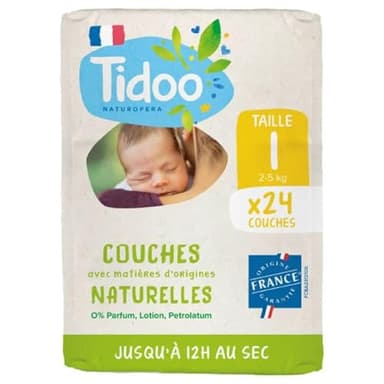 TIDOO- Couches écologique Taille 1 (2-5kg) - Origine Naturelle, sans substances nocives - 12h au sec, ultra absorbantes - Fabriquées en France - Pack naissance de 24 couches