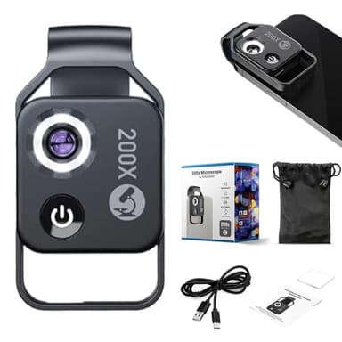 Zoom 200x pour iPhone, 2025 - Grossissement 200x avec objectif CPL, 3 en 1 portable smartphone HD microscope - Fixation d'objectif pour iPhone et Android - Noir