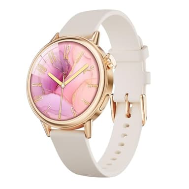 TOOBUR Montre Connectée Femme Petit Poignet, 37 mm Écran AMOLED Smartwatch Rond, Montre Connectée de Sport avec Podomètre, Smart Watch Compatible Android et iOS, Beige