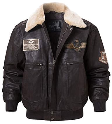 FLAVOR Veste en Cuir Véritable Homme Bombardier Blouson Aviateur Col amovible (L, Marron foncé)
