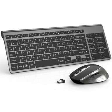 JOYACCESS Clavier Souris sans Fil, 2.4Ghz Clavier AZERTY Compacte Portable de Taille Normale, Souris Ergonomique Silencieuse 2400 DPI pour PC,Laptop,Ordinateur,Smart TV-Grey et Noir