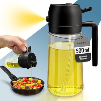 PORTENTUM 500 ml Spray huile cuisine 2 en 1 foncé anti-lumière de cuisson - Vaporisateur huile avec flacon de qualité alimentaire - Pulvérisateur d'huile en verre pour la cuisine (Noir)