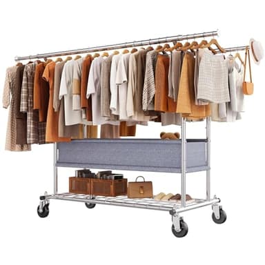 HOKEEPER Porte-manteau sur roulettes - Double tringle à vêtements - Charge maximale : 283 kg - Design industriel - Avec étagère et panier à linge - Longueur et hauteur extensibles