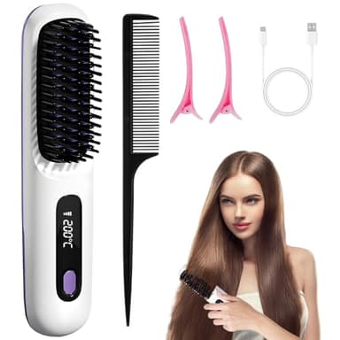 Brosse Lissante Portable, 2026 Brosse Lissante Sans Fil, Brosse À Lisser Portable, Lisseur Cheveux 160-200℃ avec affichage LED et 3 niveaux de température, Brosse À Lisser Sans Fil, Voyage et Domicile