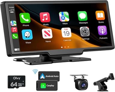 Olvy Écran CarPlay – Sans fil Android & CarPlay Box, Caméra de recul - Écran de voiture à écran tactile de 10,26 pouces avec navigation GPS, Wi-Fi, Bluetooth, Apple CarPlay, Android Auto, etc.