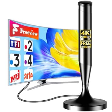 SZKALAK Antenne TV Intérieure DVB-T2 avec Base Magnétique – Réception 360° TNT HD 4K – sans Amplificateur – Câble Coaxial 5M – Compatible Smart TV