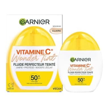 GARNIER - SkinActive Vitamine C - Fluide Perfecteur Teinté Wonder Tint SPF50+ - Soin Teinté Visage Protecteur - Unifie, Hydrate & Réduit les Taches Brunes - Tous Types de Peaux - Teinte Claire - 40 ml
