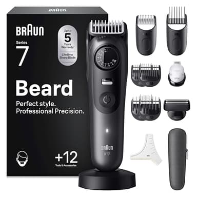 Braun Tondeuse À Barbe Series 7, + 12 Outils de Barbier, Lame ProBlade Affûtée Et Inusable, Jusqu'à 120 Min D'autonomie, 40 Longueurs, Étanche, Molette De Précision Et Verrouillage, BT7545, Gris