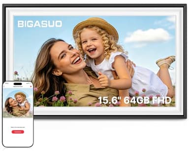 Cadre photo numérique Frameo 64 Go 15,6" WiFi noir et blanc – 1920 x 1080p FHD IPS écran tactile grand cadre photo électronique, rotation automatique, montage mural, partage de photos et de vidéos