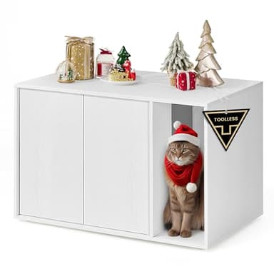 SONGMICS HOME Assemblage Ultra-Rapide sans Outils Toolless, Meuble Litière Chat, Cache-litière, pour Grands Chats, Porte à Ouverture par Pression, Table, Minimaliste, Moderne, Blanc Neige PCL013W01