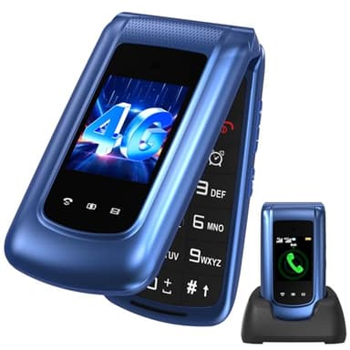 uleway 4G Téléphone Portable Senior Débloqué, Téléphone Portable à Clapet avec Grandes Touches, Double SIM, Double Écran 2,4"/1,77", Bouton SOS, Station de Charge-Bleu