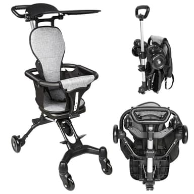 OHMG Poussette Canne Ultra Légère Pliable,Poussette Canne de 6 mois+,Poussette de voyage portable et légère,Compacte Légère,jusqu'à 25kg,Réglable,Harnais 5 points (Noir+Gris-Pliable-30 * 55 * 86.5cm)