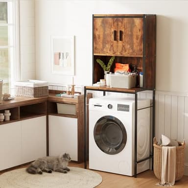 ELUCHANG Meuble au-Dessus de Machine à Laver, E1 MDF+Métal, Étagère Réglable 6,4cm, X-Support+Anti-basculement, pour WC & Buanderie,Vintage+Noir,67x40x174cm