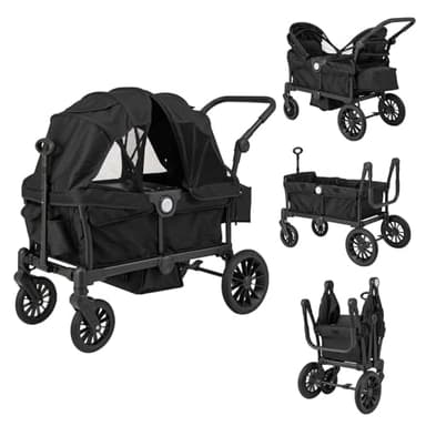 COSTWAY Poussette Tandem Double Pliable avec Auvent Amovible & Poignée Réglable, Chariot Enfant Transport avec Sac & Plateau-repas & Roue à Freins, Charge 25 kg Chacun pour 2 Bébés de 6 Mois+ (Noir)