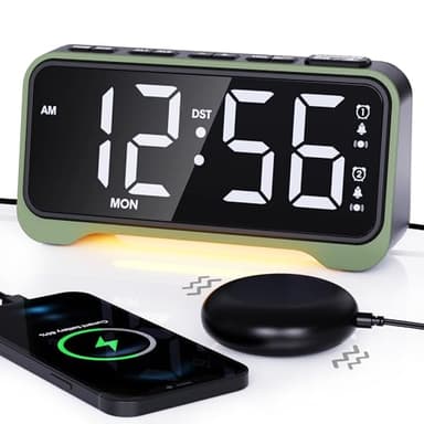 ROCAM Réveil Vibrant Puissant, Réveil Numérique pour Gros Dormeurs, Sourds, Malentendants, Grand Affichage avec Jour de Semaine, Double Alarme, Volume Réglable, Lumière Nocturne, USB, DST