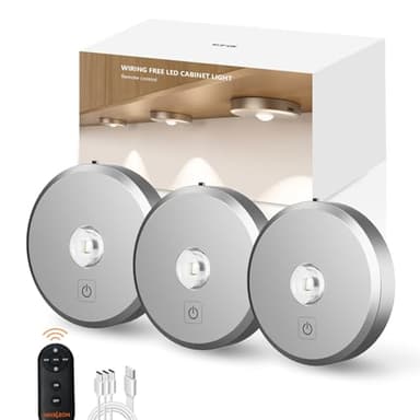 MEKKLEON Puck lumières avec télécommande Rechargeable, sans fil sous l’éclairage d’armoire,2000mAh à piles Tap Push Touch lumières (couleur bois, 3 Pcs) (Silver, 3 Pcs)